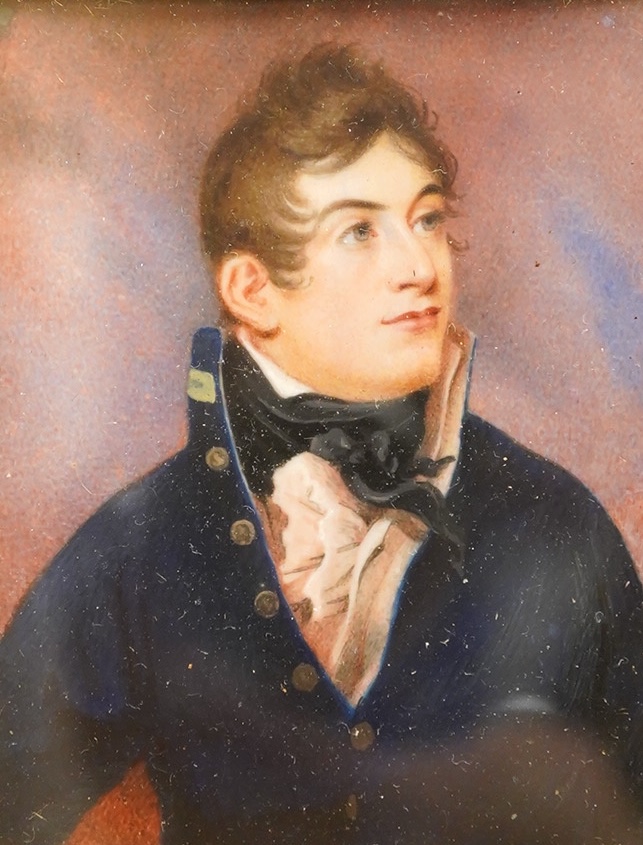 W Haines, Portrait miniature of a young gentleman, possibly a Naval officer, details verso, watercolour on ivory, ornate gilt frame, 8.5 x 7cm IVORY SUBMISSION QZ33LKAP